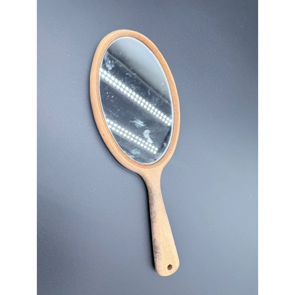 Vintage‎ Handheld Wood Mirror Oval Natural Grain Vanity Hand Mirror Brown